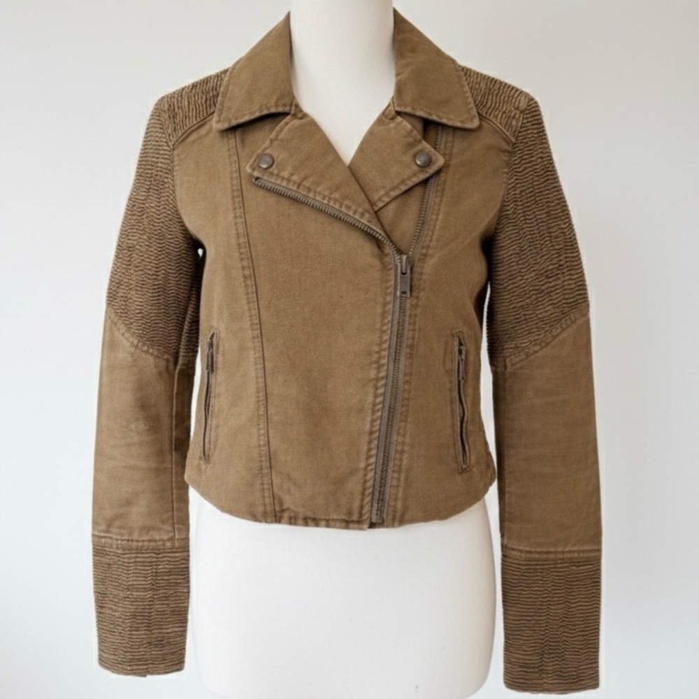 Wilfred FREE| Tan/Brown Moto Notched Collar Textured Utility Jacket Sz XXS